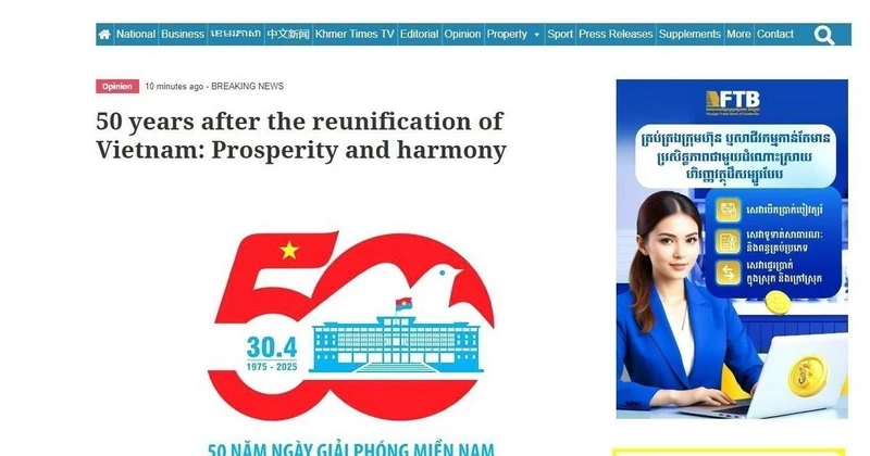 Ngày 21/4, trang tin điện tử của báo Khmer Times đưa bài viết ca ngợi chiến thắng lịch sử 30/4/1975 của Việt Nam với tiêu đề “Việt Nam sau 50 năm sau thống nhất đất nước: Thịnh vượng và hòa hợp” (ảnh chụp màn hình). (Ảnh: TTXVN phát)