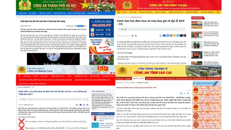 Ảnh chụp màn hình các thông báo cảnh báo của Công an thành phố Hà Nội, Công an tỉnh Bình Thuận, Công an tỉnh Hà Nam và Công an tỉnh Lào Cai về tình trạng lừa đảo mua bán vé máy bay giá rẻ qua mạng dịp lễ 30/4 và 1/5. (Ảnh chụp màn hình).
