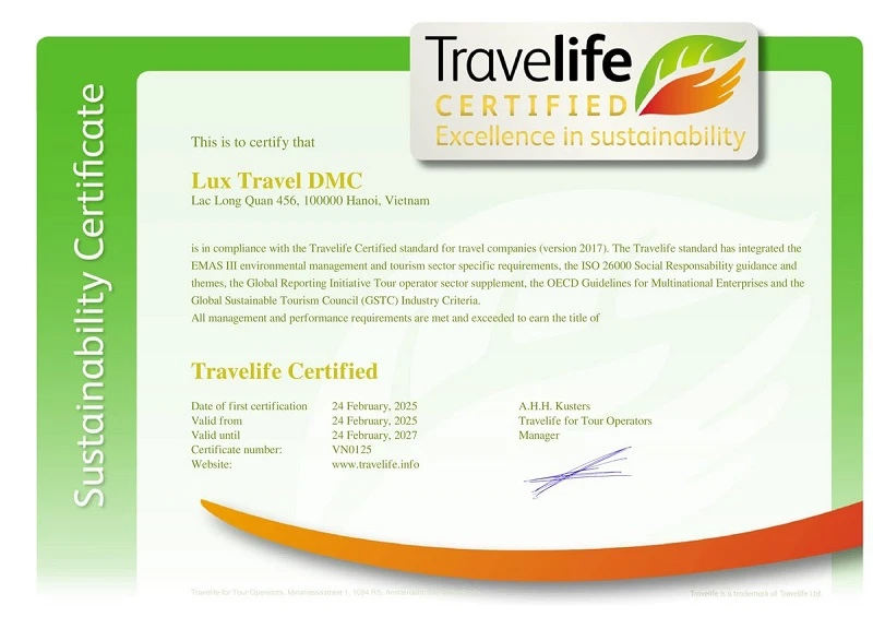 Lux Travel DMC đạt chứng nhận Travelife Certified. 