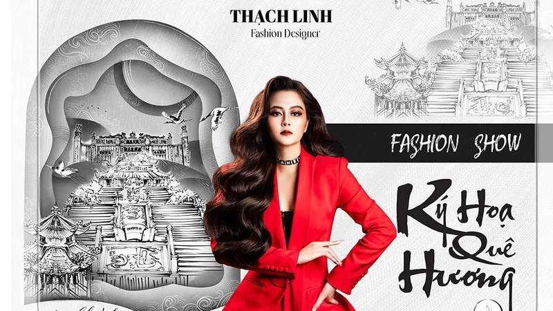 Nhà thiết kế Thạch Linh và poster show "Ký họa quê hương". (Ảnh: Nhà thiết kế cung cấp)