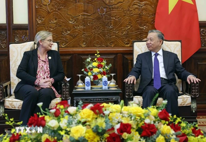 Chủ tịch nước Tô Lâm tiếp Đại sứ Thụy Điển Ann Mawe đến chào từ biệt. (Ảnh: TTXVN)