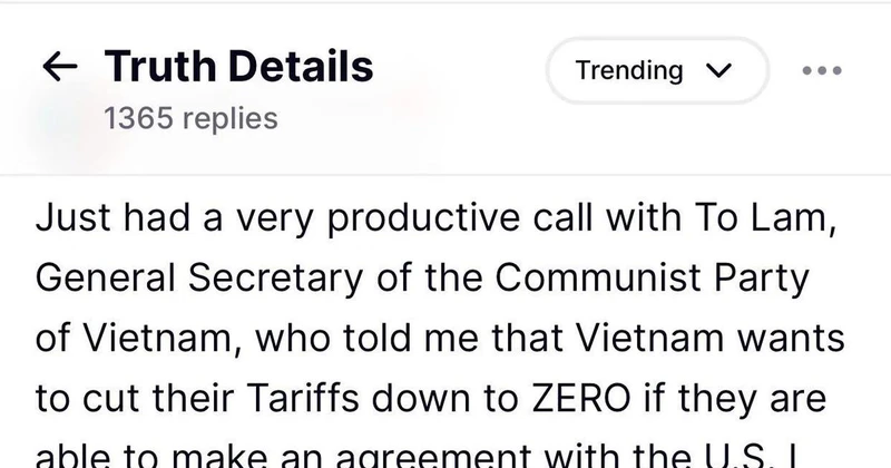 Ảnh chụp màn hình thông báo của Tổng thống Mỹ Donald Trump về cuộc điện đàm với Tổng Bí thư Đảng Cộng sản Việt Nam trên mạng xã hội Truth Social. (Ảnh: Ngọc Quang/TTXVN)