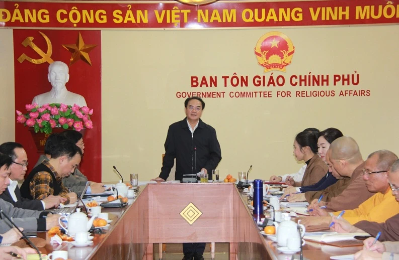 Thứ trưởng Nội vụ Vũ Chiến Thắng phát biểu tại cuộc họp về vụ việc trưng bày "xá lợi tóc Đức Phật".