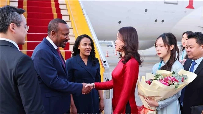 Thứ trưởng Ngoại giao Nguyễn Minh Hằng đón Thủ tướng Ethiopia Abiy Ahmed Ali và Phu nhân tại Sân bay quốc tế Nội Bài. (Ảnh: Minh Đức/TTXVN)