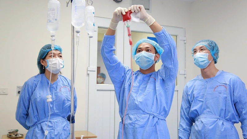 Truyền tế bào gốc và thăm khám người bệnh trong phòng ghép.