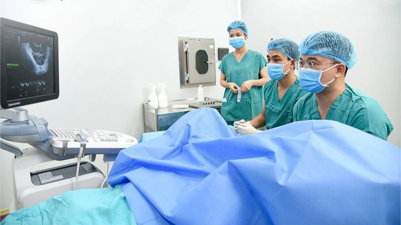 Phó Giáo sư, Tiến sĩ Lê Hoàng đang chọc hút noãn cho người bệnh.