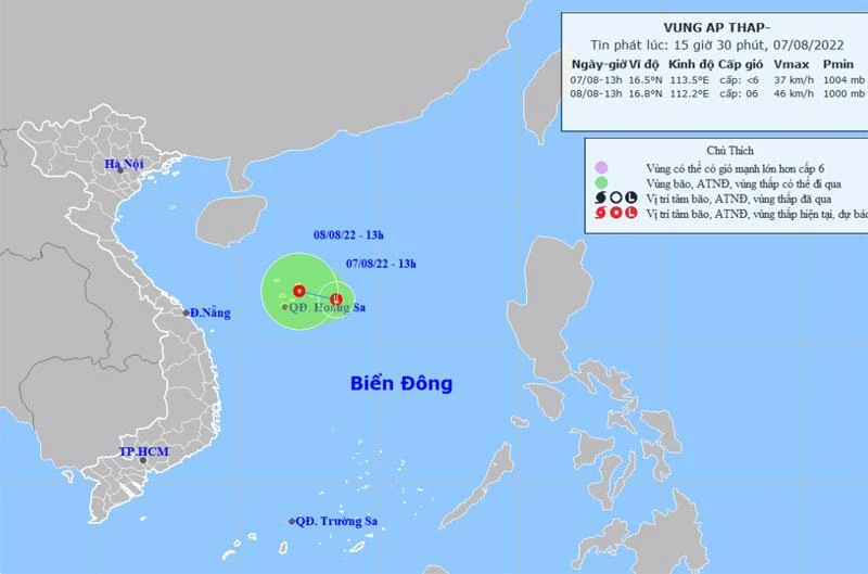 Vị trí và hướng di chuyển của vùng áp thấp. (Nguồn: nchmf.gov.vn)