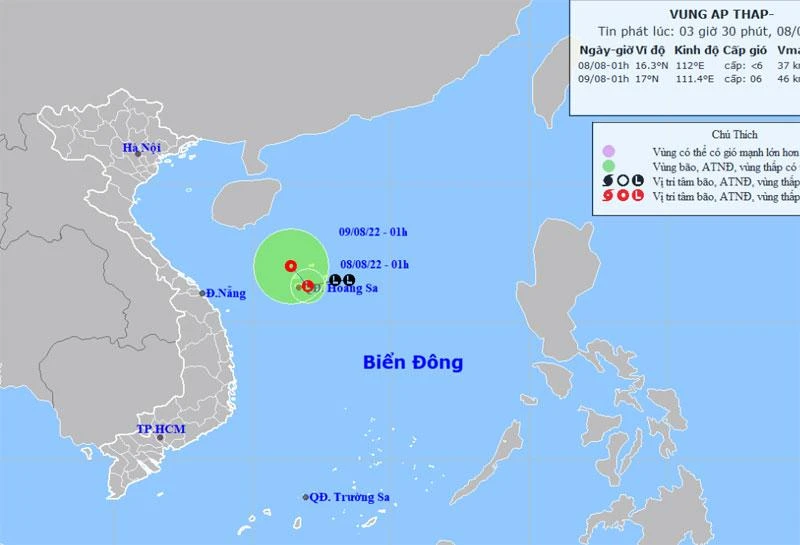 Vị trí và hướng di chuyển của vùng áp thấp. (Nguồn: nchmf.gov.vn)