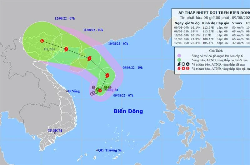 Vị trí và hướng di chuyển của áp thấp nhiệt đới. (Nguồn: nchmf.gov.vn)