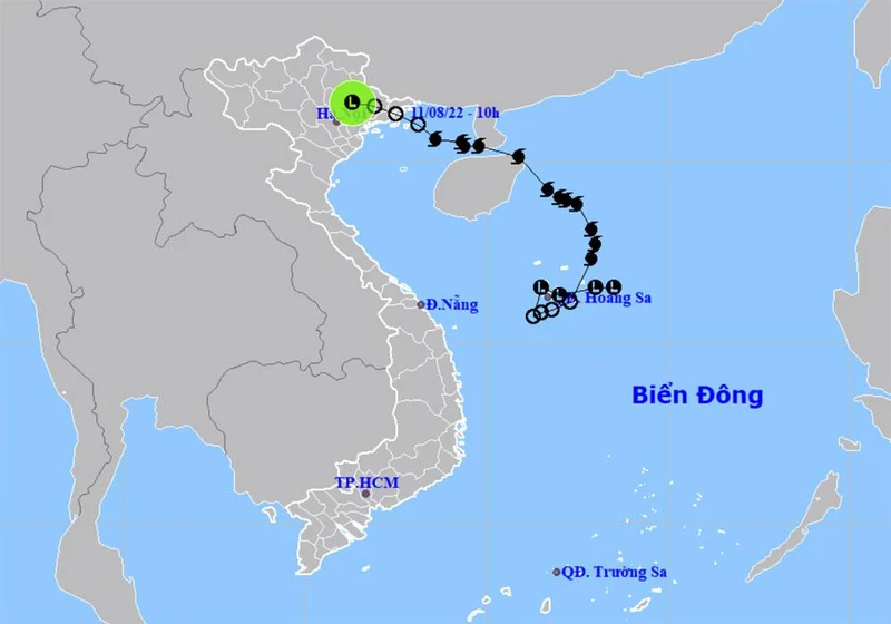 Vị trí và hướng di chuyển của vùng áp thấp (suy yếu từ bão số 2). (Nguồn: nchmf.gov.vn)
