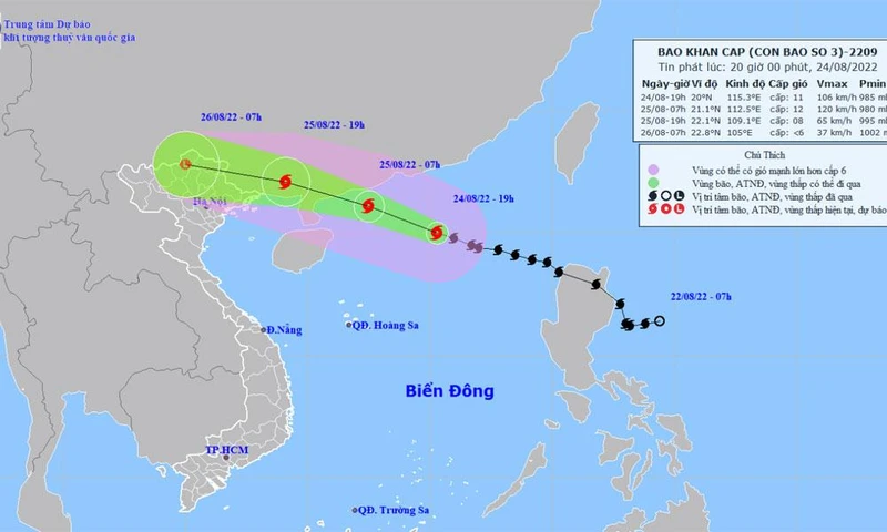 Vị trí và hướng di chuyển của bão số 3. (Nguồn: nchmf.gov.vn)