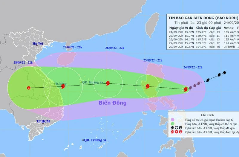 Vị trí và hướng di chuyển của bão Noru. (Nguồn: nchmf.gov.vn)