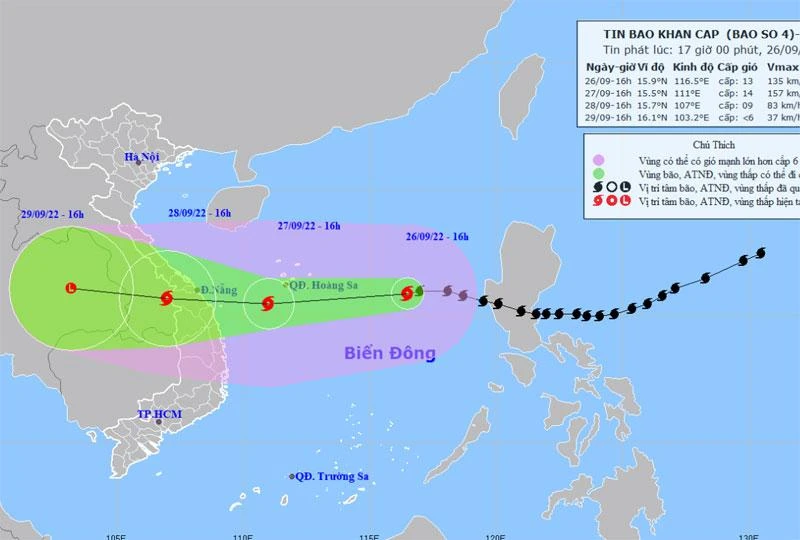 Vị trí và hướng di chuyển của bão số 4. (Nguồn: nchmf.gov.vn)