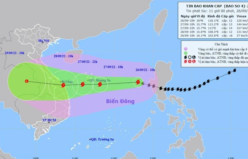 Vị trí và hướng di chuyển của bão số 4. (Nguồn: nchmf.gov.vn)