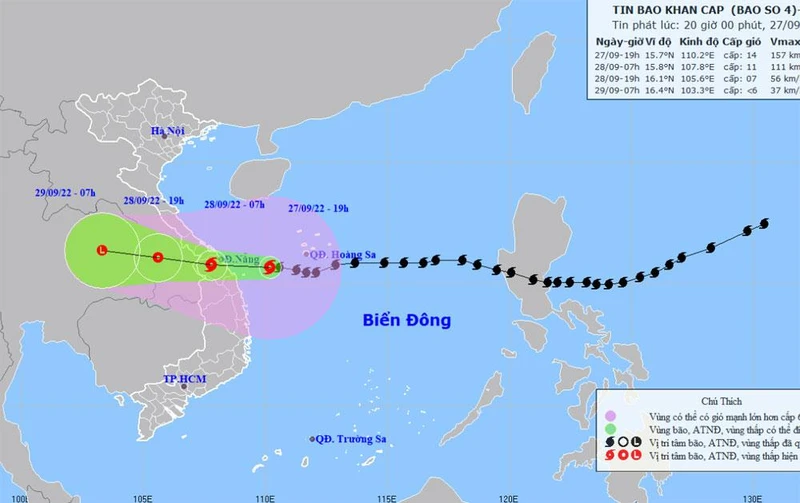 Vị trí và hướng di chuyển của bão số 4. (Nguồn: nchmf.gov.vn)