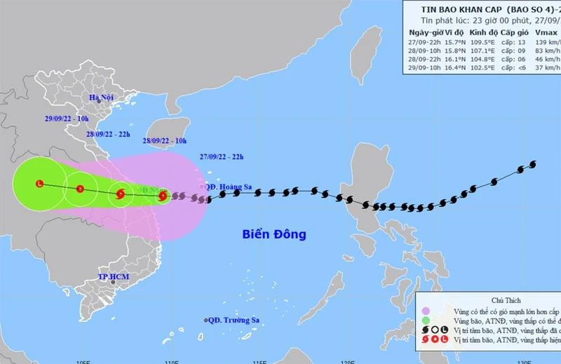 Vị trí và hướng di chuyển của bão số 4. (Nguồn: nchmf.gov.vn)
