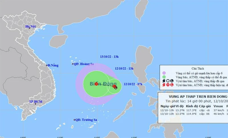 Vị trí và hướng di chuyển của vùng áp thấp. (Nguồn: nchmf.gov.vn)
