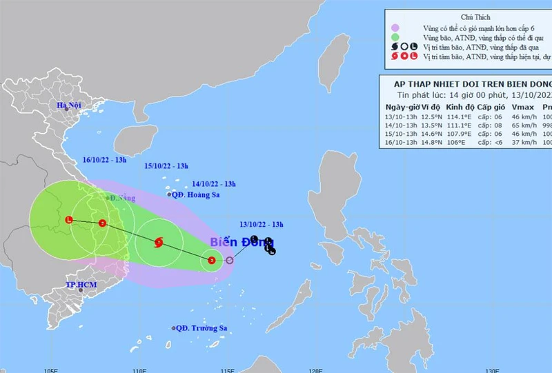 Vị trí và hướng di chuyển của áp thấp nhiệt đới. (Nguồn: nchmf.gov.vn)