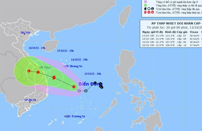 Vị trí và hướng di chuyển của áp thấp nhiệt đới. (Nguồn: nchmf.gov.vn)