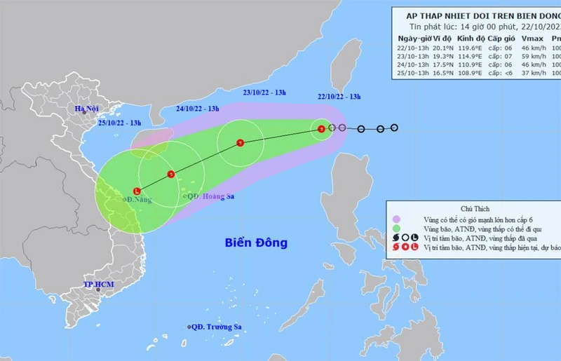 Vị trí và hướng di chuyển của áp thấp nhiệt đới. (Nguồn: nchmf.gov.vn)