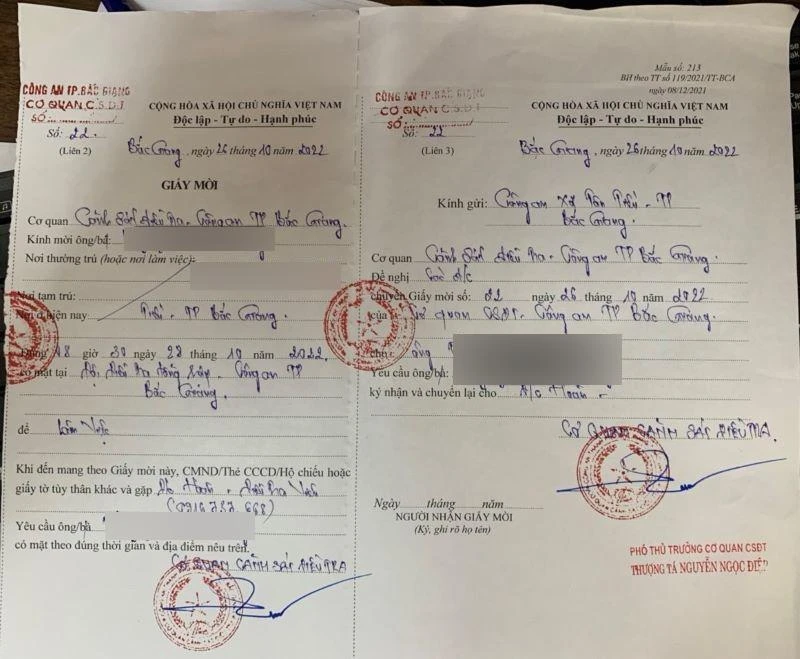 Giấy mời phóng viên N.V.T đến cơ quan Công an Bắc Giang để xác minh vụ việc. 
