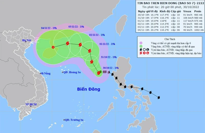 Vị trí và hướng di chuyển của bão số 7. (Nguồn: nchmf.gov.vn)