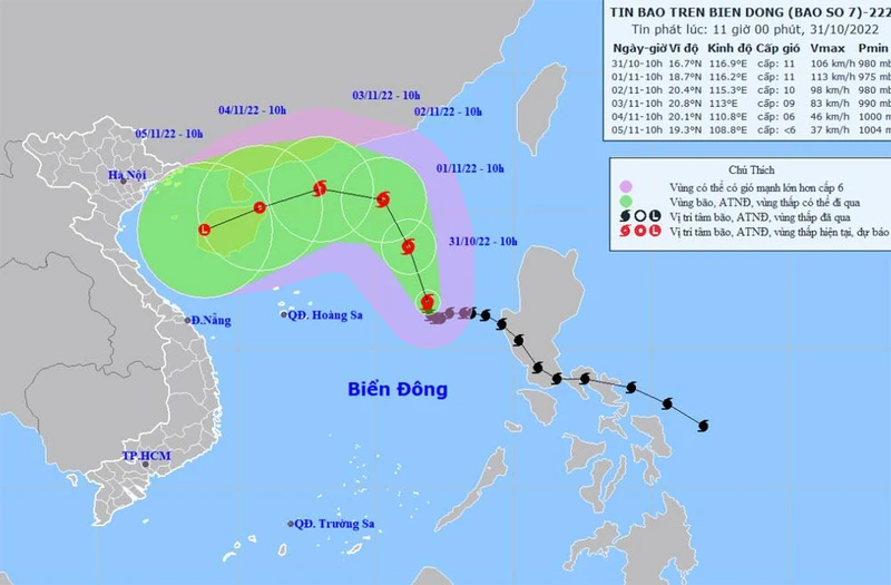 Vị trí và hướng di chuyển của bão số 7. (Nguồn: nchmf.gov.vn)