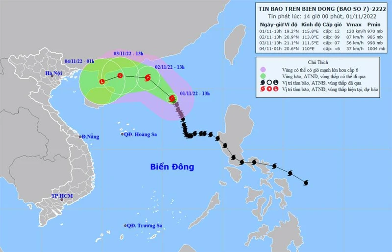 Vị trí và hướng di chuyển của bão số 7. (Nguồn: nchmf.gov.vn)