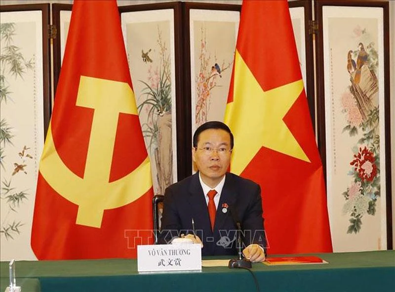 Thường trực Ban Bí thư Võ Văn Thưởng hội đàm với Ủy viên Thường vụ Bộ Chính trị Đảng Cộng sản Trung Quốc Thái Kỳ. (Ảnh: Trí Dũng/TTXVN)