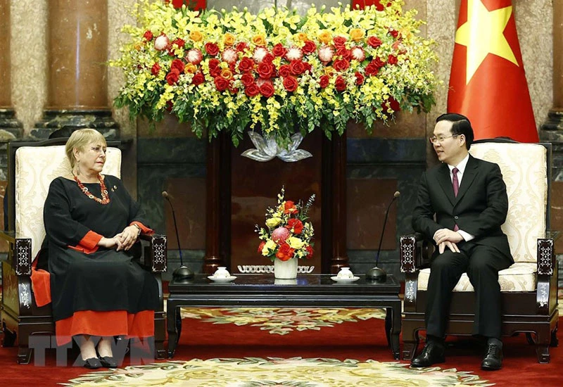 Chủ tịch nước Võ Văn Thưởng tiếp cựu Tổng thống Chile Michelle Bachelet. (Ảnh: Thống Nhất/TTXVN)