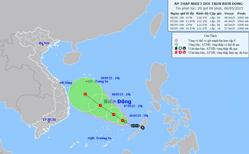 Vị trí và hướng di chuyển của áp thấp nhiệt đới. (Nguồn: nchmf.gov.vn)