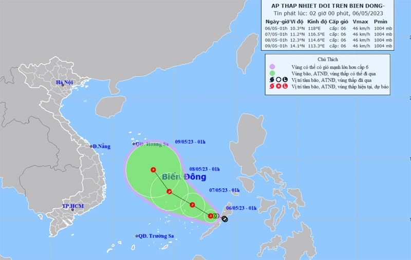 Vị trí và hướng di chuyển của áp thấp nhiệt đới. (Nguồn: nchmf.gov.vn)