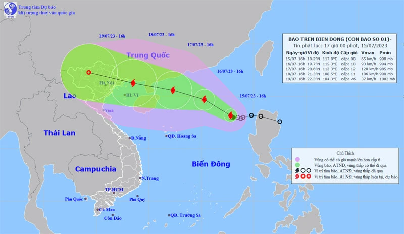 Vị trí và hướng di chuyển của bão số 1. (Nguồn: nchmf.gov.vn)