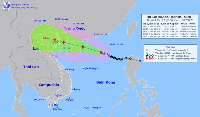 Vị trí và hướng di chuyển của bão số 1. (Nguồn: nchmf.gov.vn)