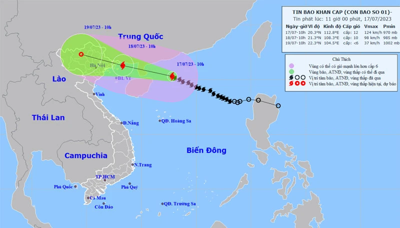 Vị trí và hướng di chuyển của bão số 1. (Nguồn: nchmf.gov.vn)