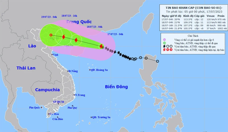 Vị trí và hướng di chuyển của bão số 1. (Nguồn: chmf.gov.vn)