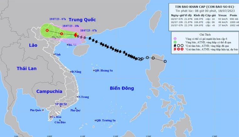 Vị trí và hướng di chuyển của bão số 1. (Nguồn: nchmf.gov.vn)