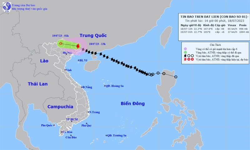 Vị trí và hướng di chuyển của bão số 1. (Nguồn: nchmf.gov.vn)