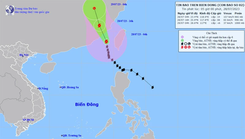 Vị trí và hướng di chuyển của bão số 2. (Nguồn: nchmf.gov.vn)