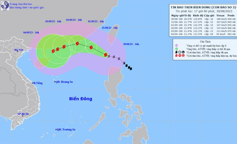 Vị trí và hướng di chuyển của bão số 3. (Nguồn: nchmf.gov.vn)