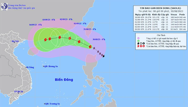 Vị trí và hướng di chuyển của bão Saola. (Nguồn: nchmf.gov.vn)