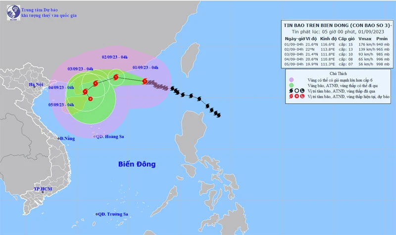 Vị trí và hướng di chuyển của bão số 3. (Nguồn: nchmf.gov.vn)