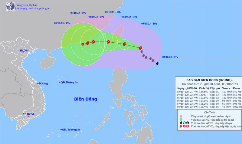 Vị trí và hướng di chuyển của bão Koinu. (Nguồn: nchmf.gov.vn)