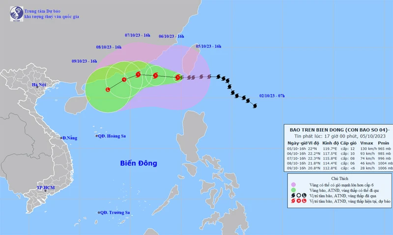 Vị trí và hướng di chuyển của bão số 4. (Nguồn: nchmf.gov.vn)