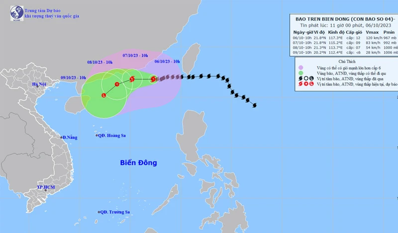 Vị trí và hướng di chuyển của bão số 4. (Nguồn: nchmf.gov.vn)