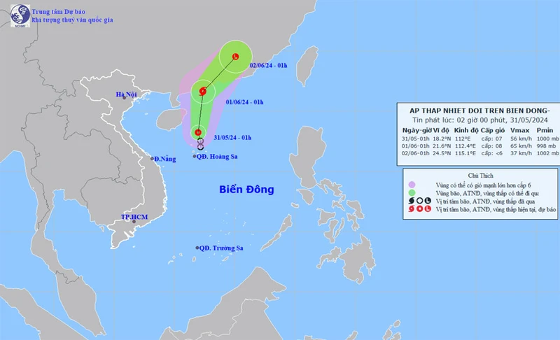 Vị trí và hướng di chuyển của áp thấp nhiệt đới. (Nguồn: nchmf.gov.vn)