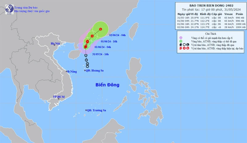 Vị trí và hướng di chuyển của bão Maliksi lúc 16 giờ ngày 31/5. (Nguồn: nchmf.gov.vn)