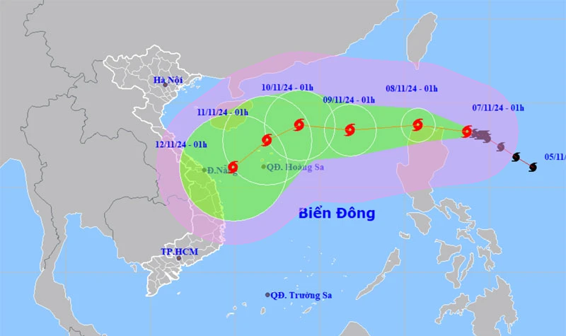 Vị trí và hướng di chuyển của bão Yinxing. (Nguồn: nchmf.gov.vn)