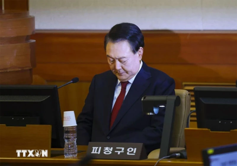 Tổng thống Hàn Quốc Yoon Suk Yeol tại Tòa án Hiến pháp ở Seoul ngày 21/1/2025. (Ảnh: Kyodo/TTXVN)