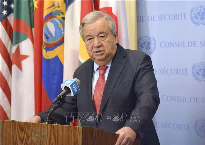 Tổng thư ký Liên hợp quốc Antonio Guterres phát biểu trong cuộc họp báo tại New York, Mỹ. Ảnh: Kyodo/TTXVN